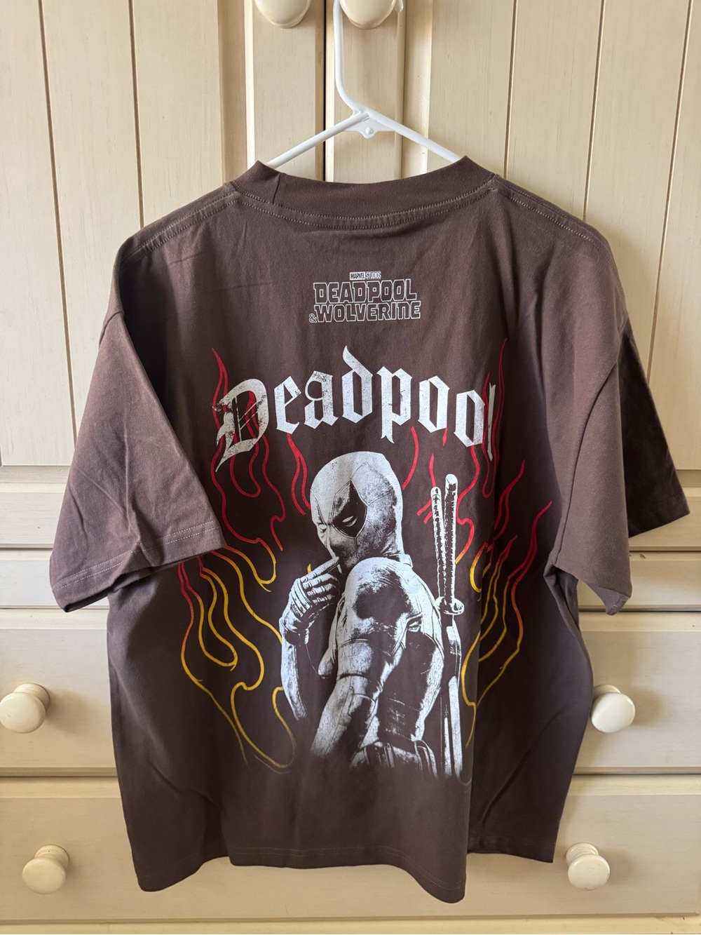 Marvel Deadpool & Wolverine Graphic Tee - Brown with Red and Yellow Flames